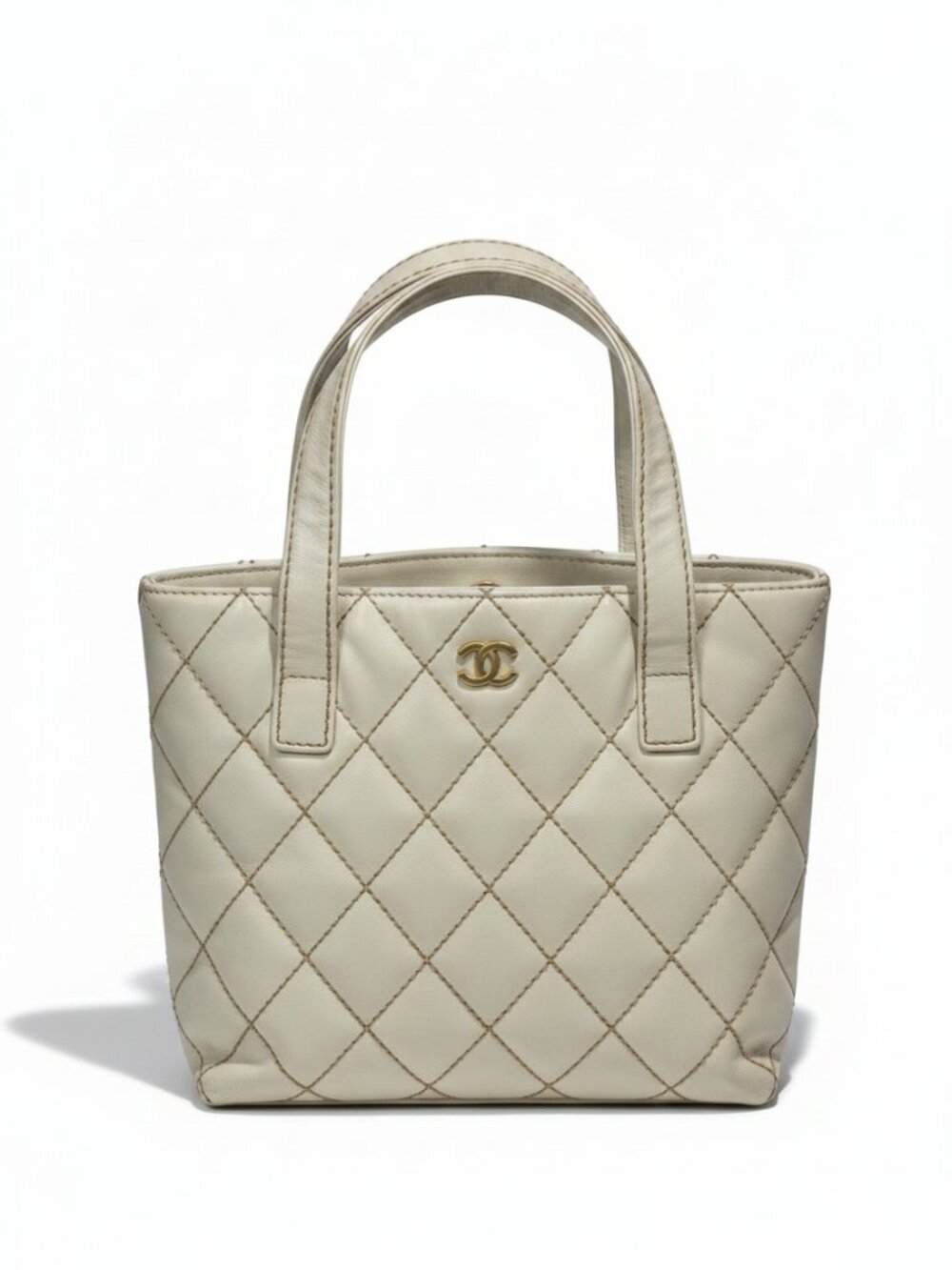 Chanel Vivian Wild Stitch Tote Ivory Cream Calfskin CC Gold Vintage 2000s